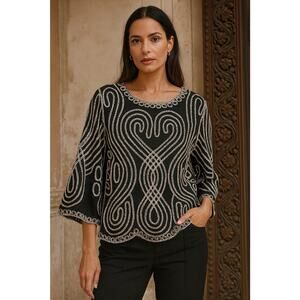 Once Again Women’s Large Black Embroidered Embellished Top Boho Chic Career Wear